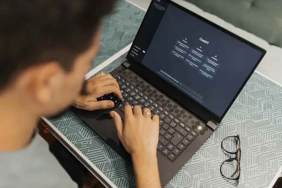 Muž s okuliarmi pracujúci na notebooku s otvoreným AI softvérom