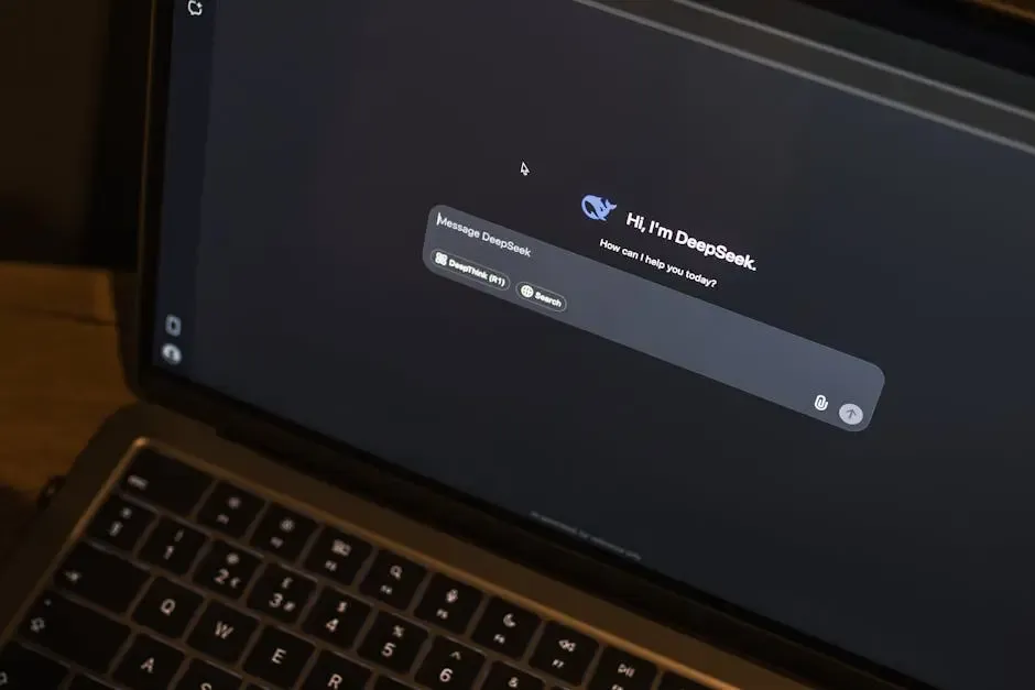 Notebook na drevenom stole s otvoreným AI chatovacím rozhraním