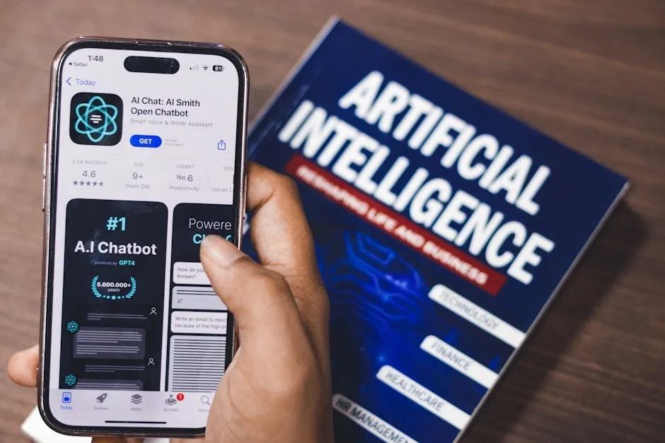 Mobil s aplikáciou umelej inteligencie pri knihe o AI technológiách