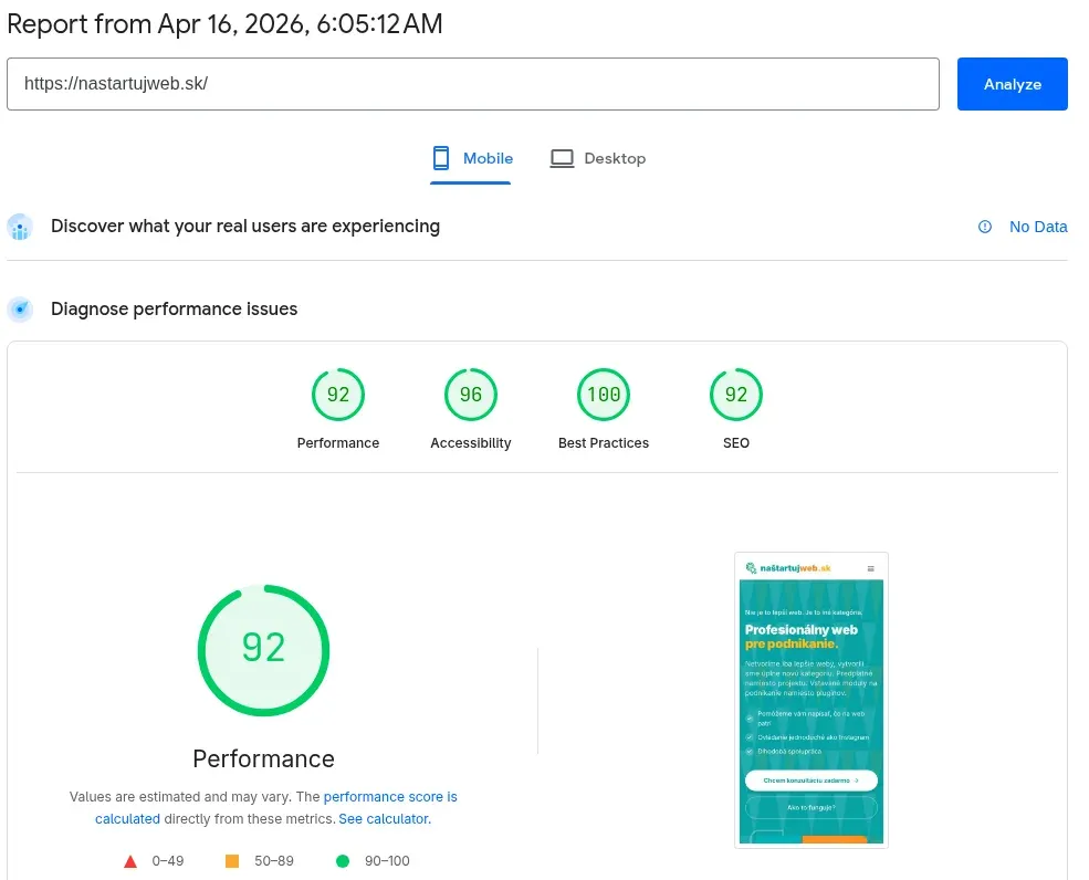 Mobilné PageSpeed Insights skóre pre nastartujweb.sk: Performance 92, Accessibility 96, Best Practices 100, SEO 92