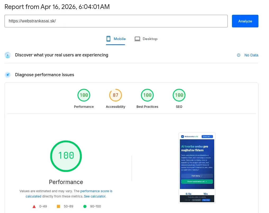 Mobilné PageSpeed Insights skóre pre webstrankasai.sk: Performance 100, Accessibility 87, Best Practices 100, SEO 100