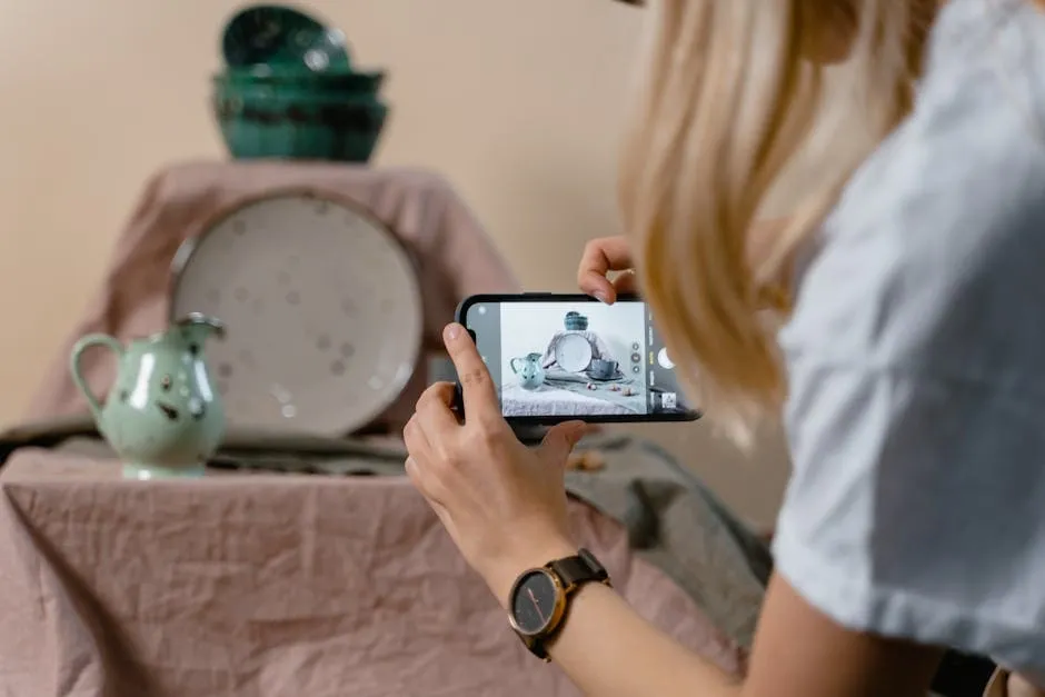 Človek fotografuje keramické produkty mobilom pri tvorbe produktových fotiek.